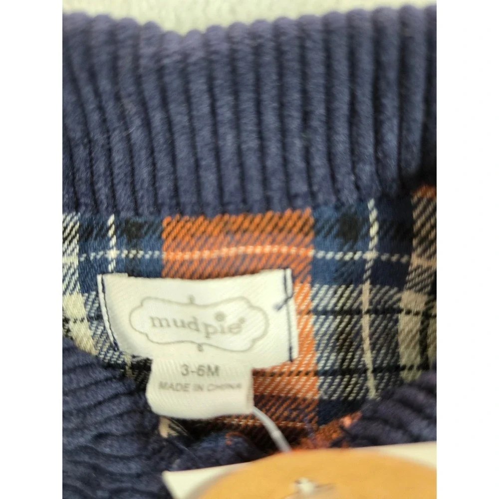 Mud Pie Baby Boy Navy Blue Corduroy Plaid Lined Long Sleeve Romper 3-6M NWT